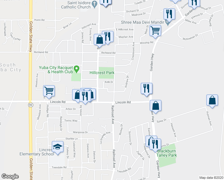 map of restaurants, bars, coffee shops, grocery stores, and more near 951 Railroad Avenue in Yuba City