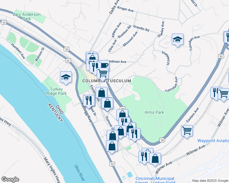map of restaurants, bars, coffee shops, grocery stores, and more near 407 Tusculum Avenue in Cincinnati