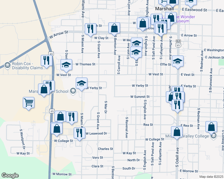 map of restaurants, bars, coffee shops, grocery stores, and more near 613-723 S Benton Ave in Marshall