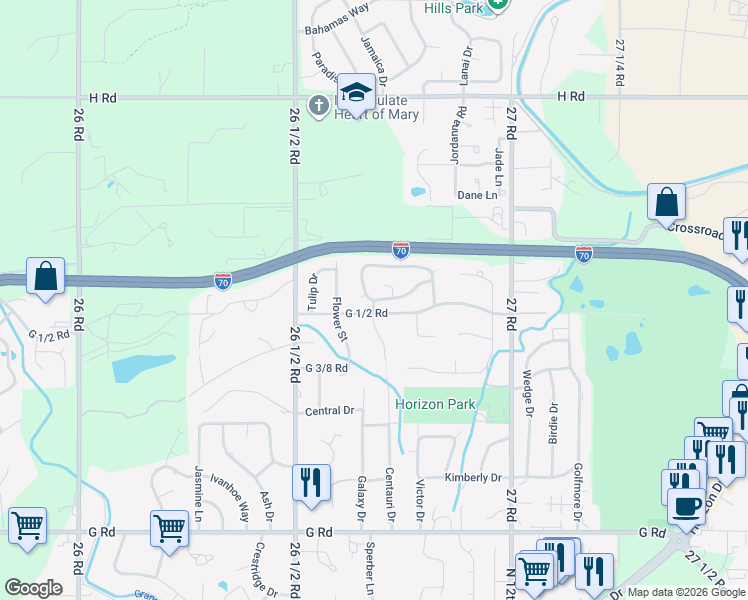 map of restaurants, bars, coffee shops, grocery stores, and more near 2601 Cambridge Drive in Grand Junction