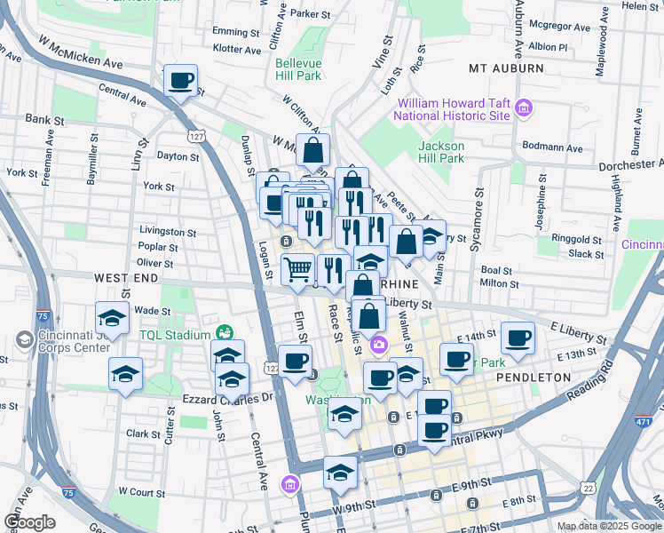 map of restaurants, bars, coffee shops, grocery stores, and more near 1630 Race Street in Cincinnati