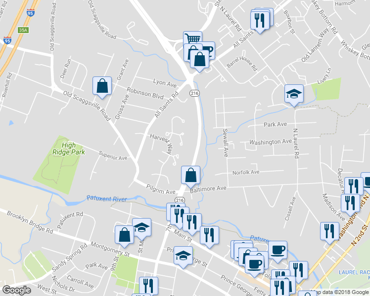 map of restaurants, bars, coffee shops, grocery stores, and more near 9250 Pinenut Court in Laurel