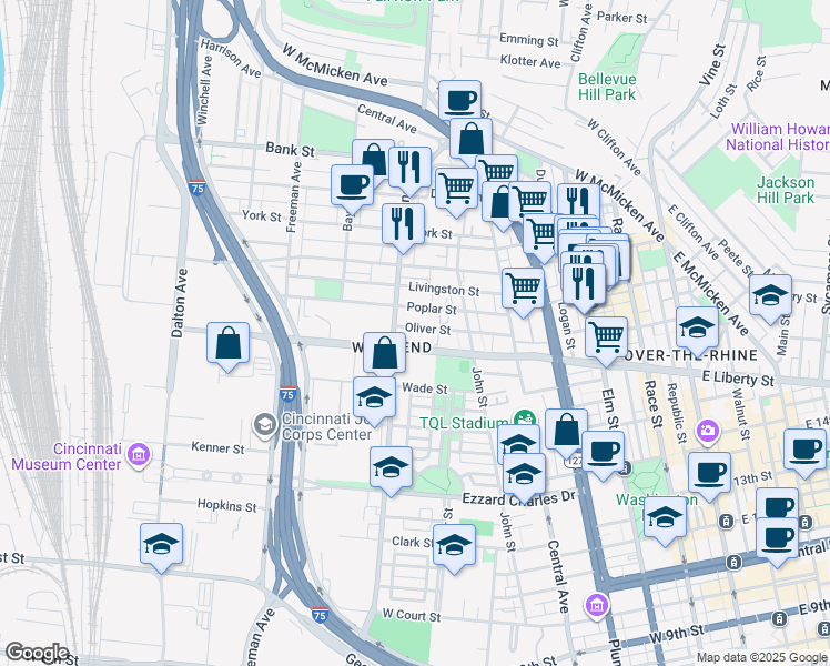 map of restaurants, bars, coffee shops, grocery stores, and more near 553 West Liberty Street in Cincinnati