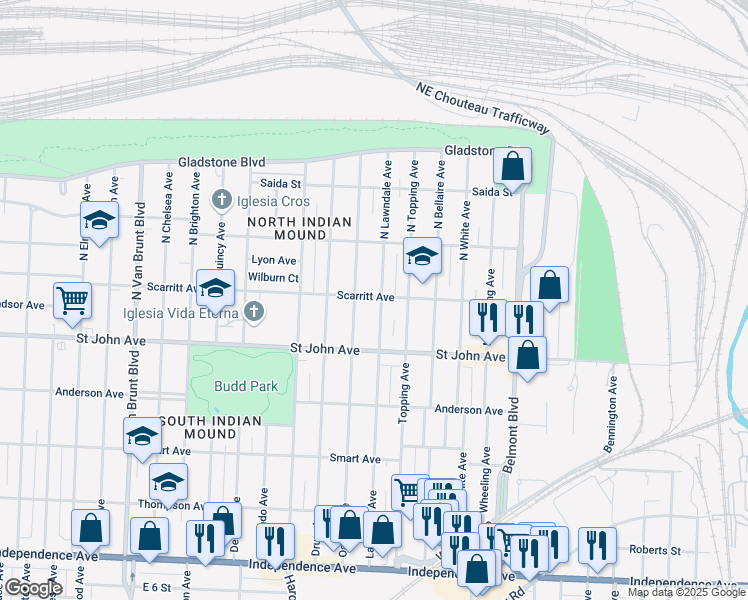 map of restaurants, bars, coffee shops, grocery stores, and more near 146 North Lawndale Avenue in Kansas City