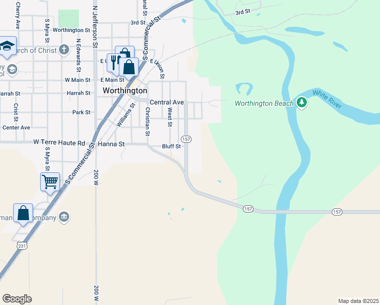map of restaurants, bars, coffee shops, grocery stores, and more near 317 Center Street in Worthington