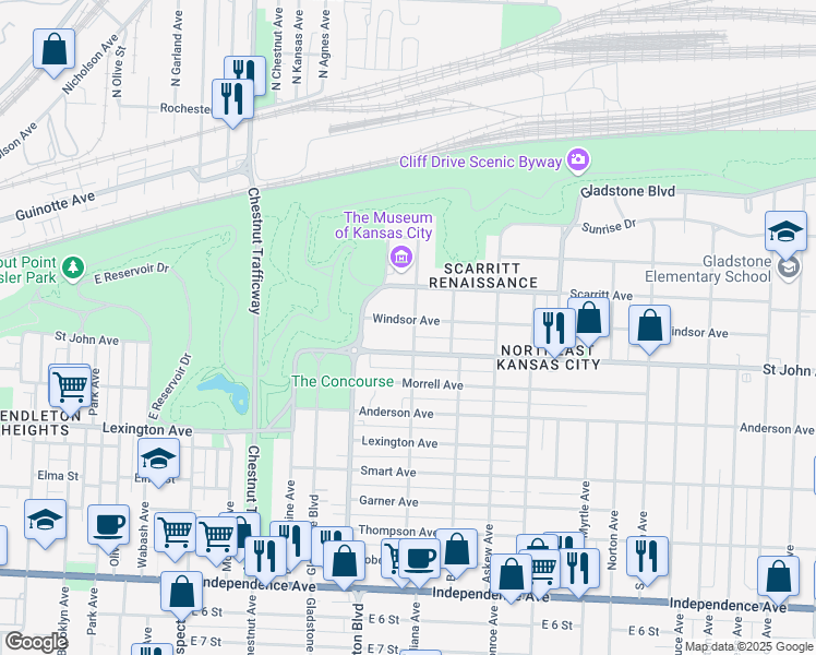 map of restaurants, bars, coffee shops, grocery stores, and more near 3231 Windsor Avenue in Kansas City