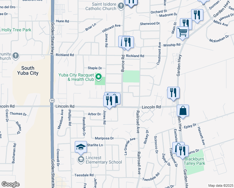map of restaurants, bars, coffee shops, grocery stores, and more near 940 Carolina Avenue in Yuba City
