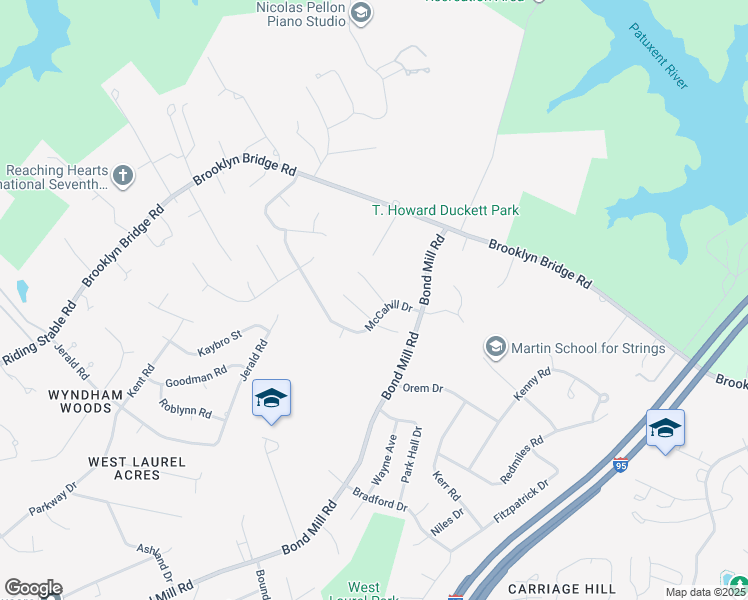map of restaurants, bars, coffee shops, grocery stores, and more near 6611 Carleton Court in Laurel