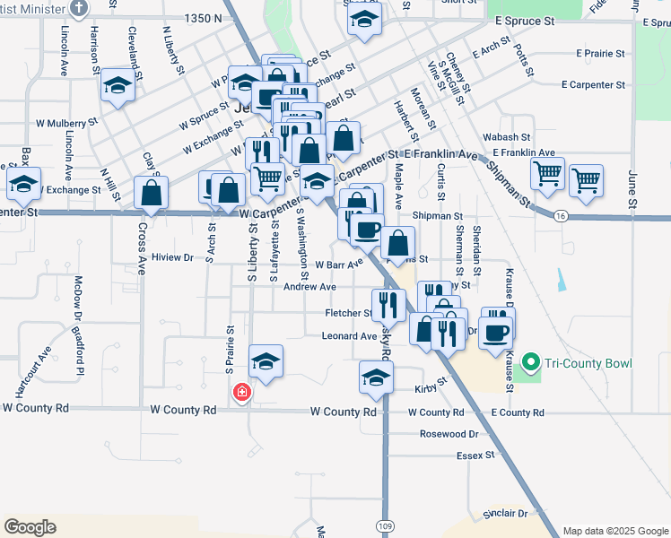 map of restaurants, bars, coffee shops, grocery stores, and more near 120 Barr Street in Jerseyville