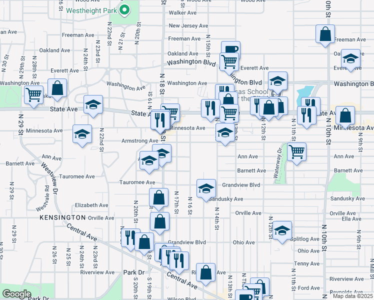 map of restaurants, bars, coffee shops, grocery stores, and more near 810 North 16 Street in Kansas City