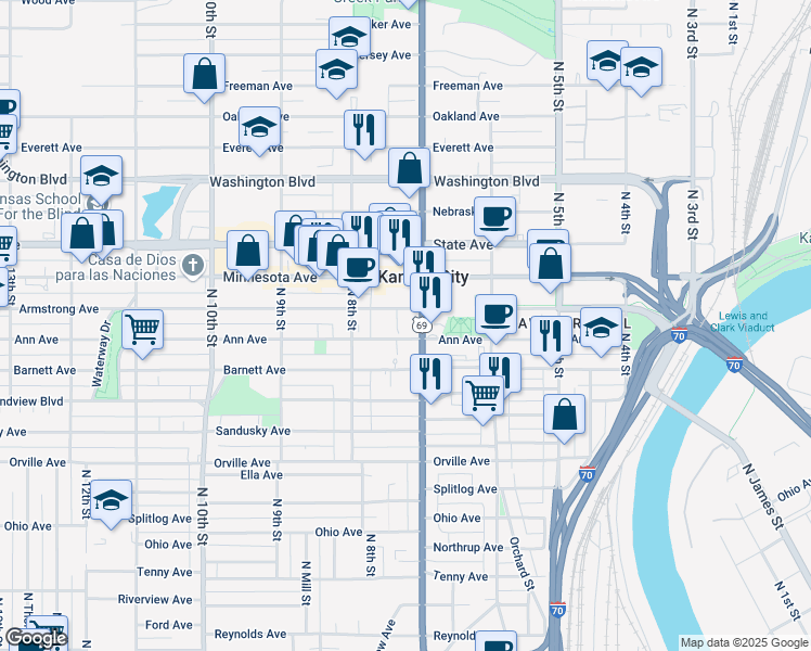 map of restaurants, bars, coffee shops, grocery stores, and more near 812 North 7th Street in Kansas City