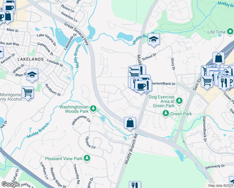 map of restaurants, bars, coffee shops, grocery stores, and more near 111 Fleece Flower Drive in Gaithersburg