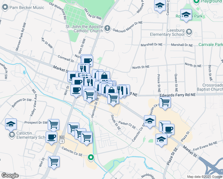 map of restaurants, bars, coffee shops, grocery stores, and more near 207 Edwards Ferry Road Northeast in Leesburg