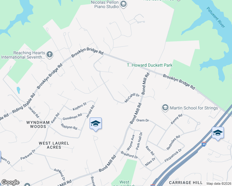 map of restaurants, bars, coffee shops, grocery stores, and more near 6601 McCahill Terrace in Laurel