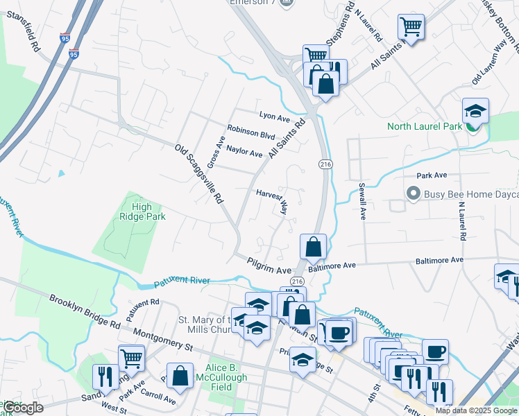 map of restaurants, bars, coffee shops, grocery stores, and more near 9124 Knox Court in Laurel