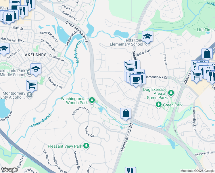 map of restaurants, bars, coffee shops, grocery stores, and more near 101 Leafcup Road in Gaithersburg