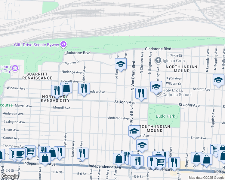 map of restaurants, bars, coffee shops, grocery stores, and more near 4440 Windsor Avenue in Kansas City