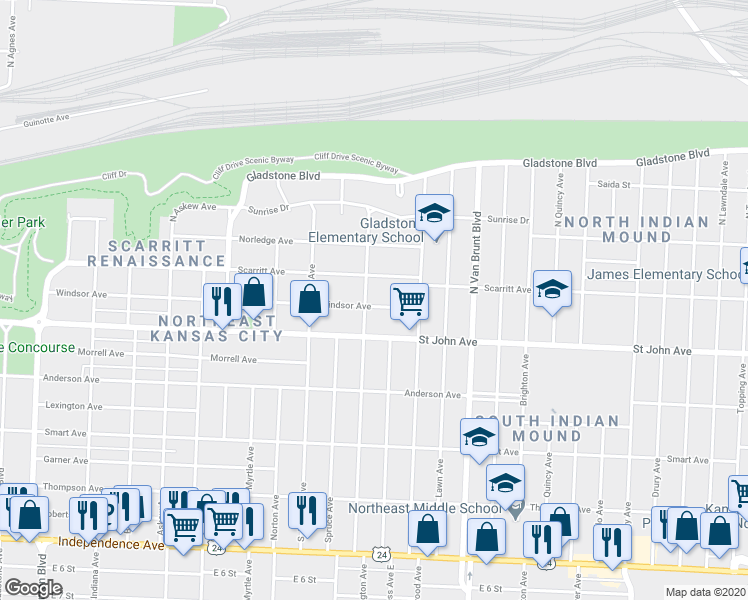 map of restaurants, bars, coffee shops, grocery stores, and more near 4404 Windsor Avenue in Kansas City