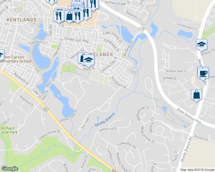 map of restaurants, bars, coffee shops, grocery stores, and more near 611 Pheasant Street in Gaithersburg