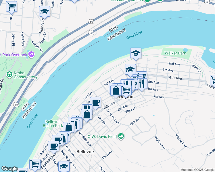map of restaurants, bars, coffee shops, grocery stores, and more near 512 3rd Avenue in Dayton