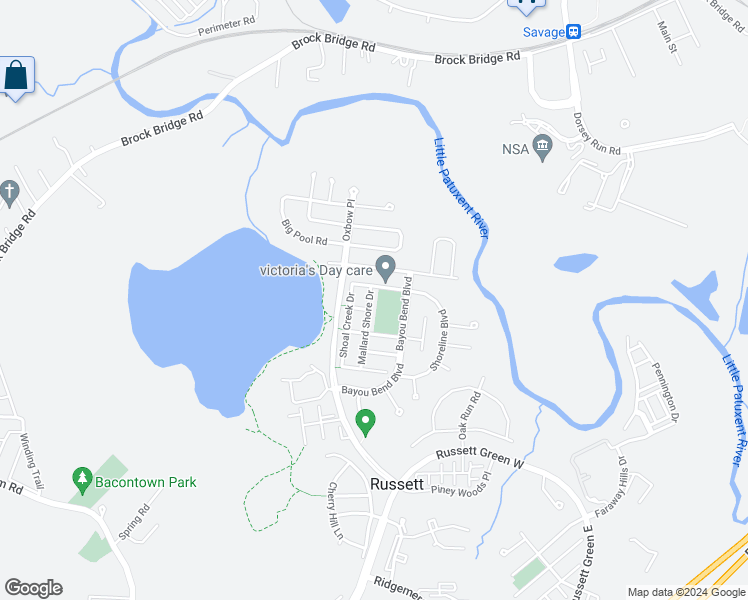 map of restaurants, bars, coffee shops, grocery stores, and more near 8111 Mallard Shore Drive in Laurel