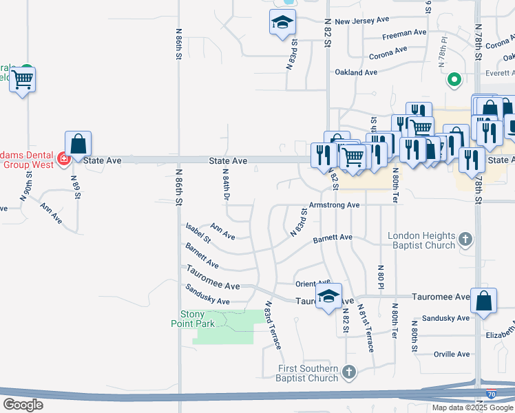 map of restaurants, bars, coffee shops, grocery stores, and more near 845 North 84 Street in Kansas City