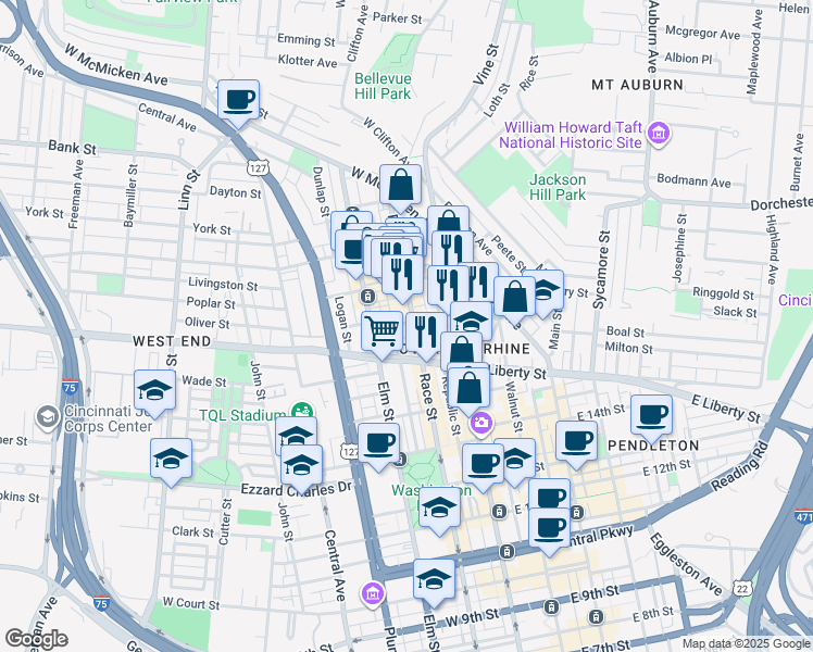 map of restaurants, bars, coffee shops, grocery stores, and more near 1630 Race Street in Cincinnati