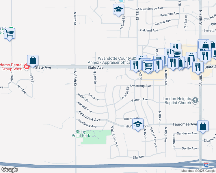 map of restaurants, bars, coffee shops, grocery stores, and more near 845 North 84 Street in Kansas City