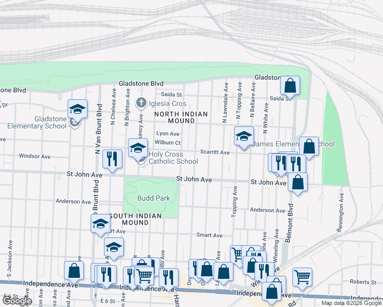 map of restaurants, bars, coffee shops, grocery stores, and more near 5417 Scarritt Avenue in Kansas City