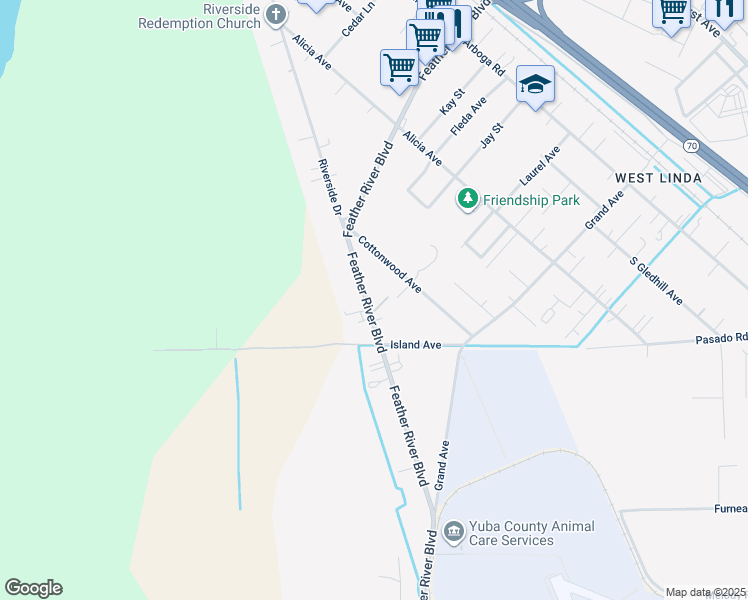 map of restaurants, bars, coffee shops, grocery stores, and more near 5543 Feather River Boulevard in Olivehurst