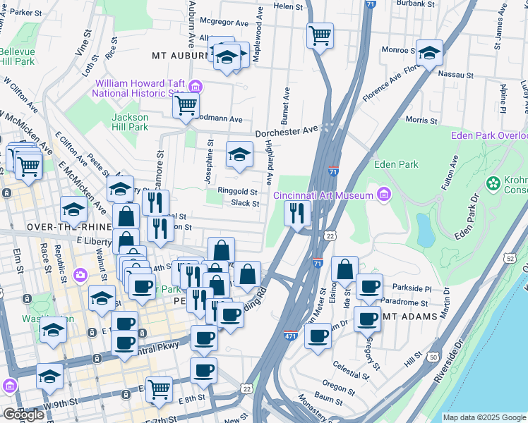 map of restaurants, bars, coffee shops, grocery stores, and more near 1713 Highland Avenue in Cincinnati