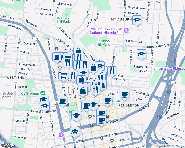 map of restaurants, bars, coffee shops, grocery stores, and more near 1630 Walnut Street in Cincinnati