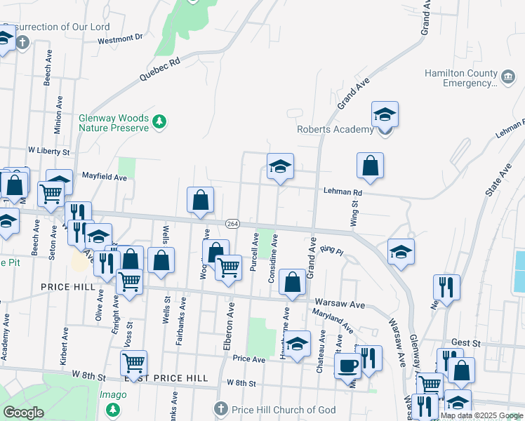 map of restaurants, bars, coffee shops, grocery stores, and more near 1213 Purcell Avenue in Cincinnati