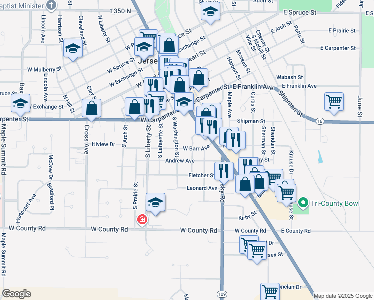 map of restaurants, bars, coffee shops, grocery stores, and more near 120 Barr Street in Jerseyville