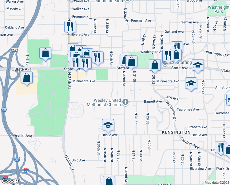 map of restaurants, bars, coffee shops, grocery stores, and more near 839 North 34th Street in Kansas City