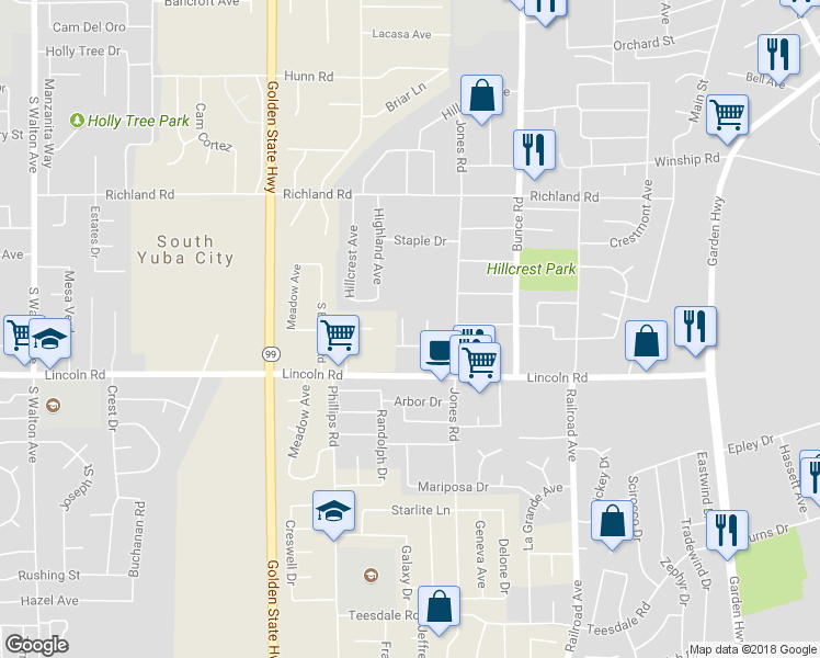 map of restaurants, bars, coffee shops, grocery stores, and more near 910 Dennis Way in Yuba City