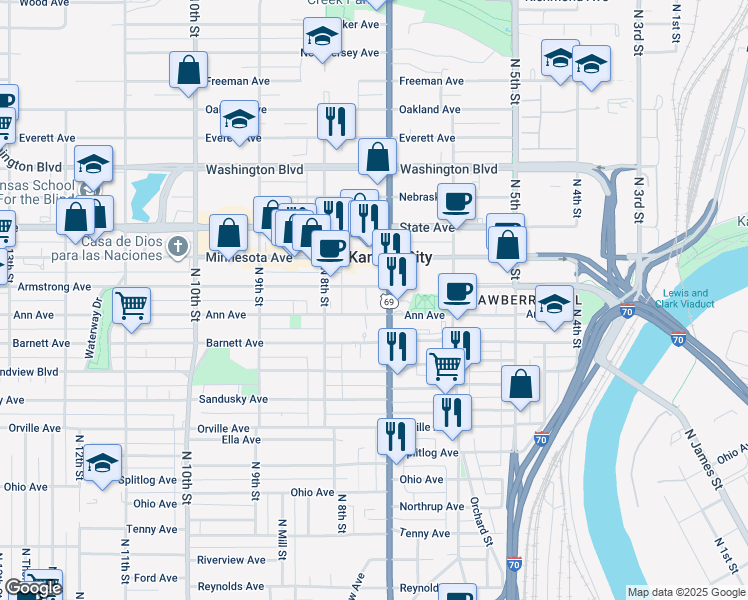map of restaurants, bars, coffee shops, grocery stores, and more near 711 Armstrong Avenue in Kansas City