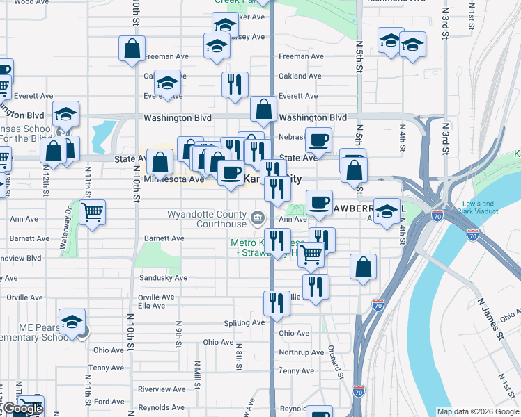 map of restaurants, bars, coffee shops, grocery stores, and more near 812 North 7th Street in Kansas City