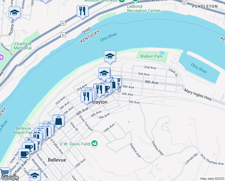 map of restaurants, bars, coffee shops, grocery stores, and more near 709 6th Ave in Dayton