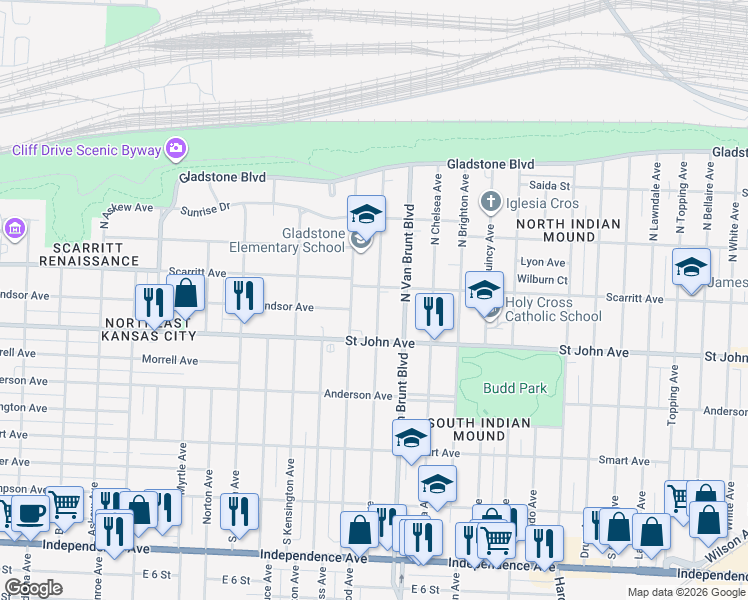 map of restaurants, bars, coffee shops, grocery stores, and more near 132 North Lawn Avenue in Kansas City