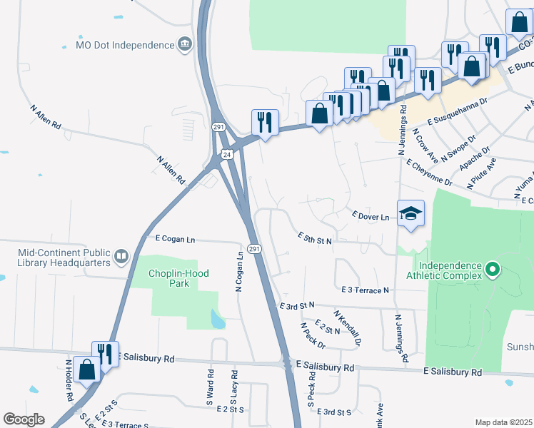 map of restaurants, bars, coffee shops, grocery stores, and more near 444 North Queen Ridge Avenue in Independence