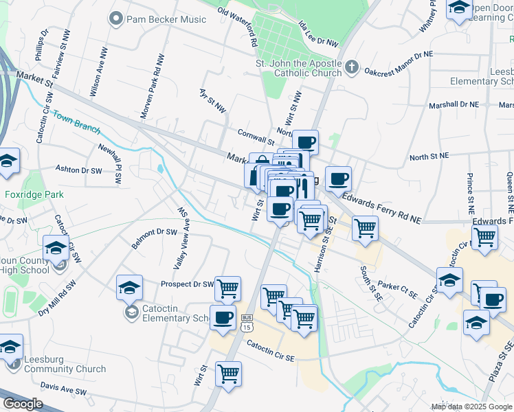 map of restaurants, bars, coffee shops, grocery stores, and more near 111 Wirt Street Southwest in Leesburg