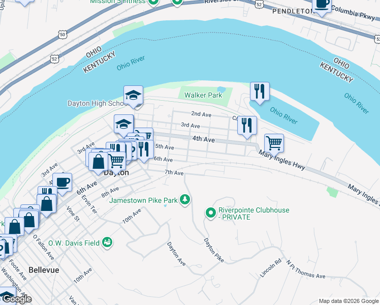 map of restaurants, bars, coffee shops, grocery stores, and more near 1006 5th Avenue in Dayton