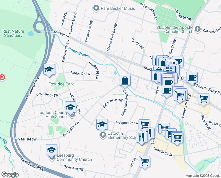 map of restaurants, bars, coffee shops, grocery stores, and more near 227 Dry Mill Road Southwest in Leesburg