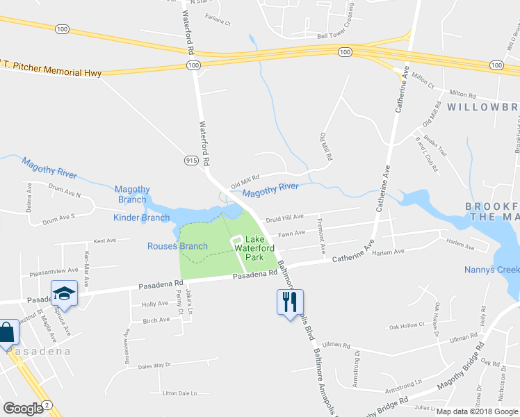 map of restaurants, bars, coffee shops, grocery stores, and more near 8300 Baltimore Annapolis Boulevard in Pasadena