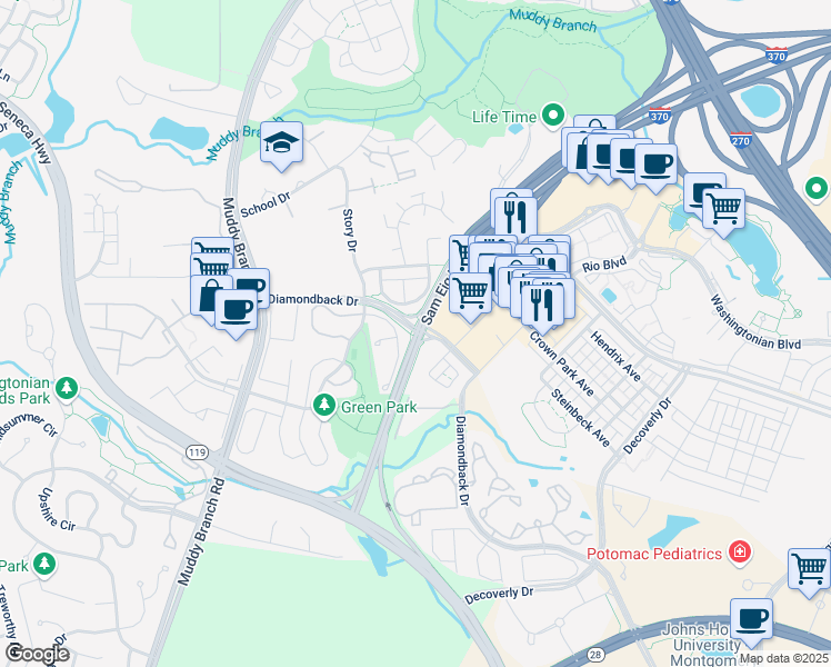 map of restaurants, bars, coffee shops, grocery stores, and more near Sam Eig Hwy & Diamondback Dr in Gaithersburg