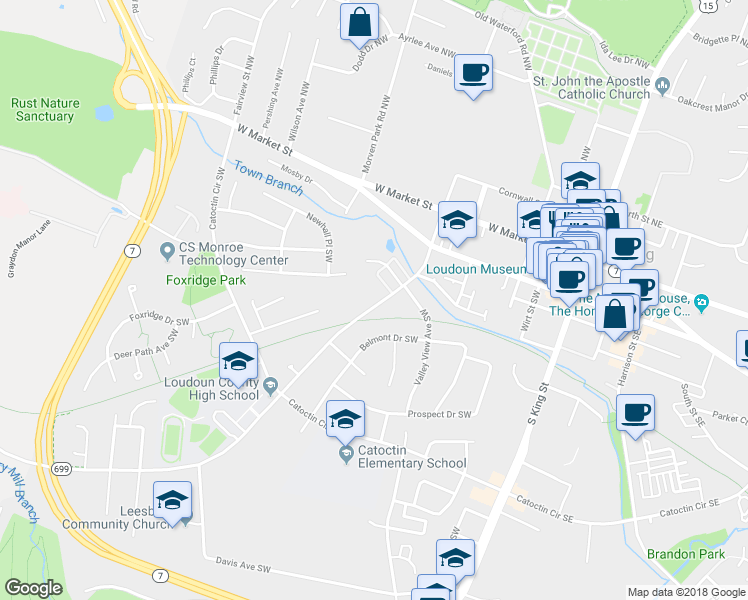 map of restaurants, bars, coffee shops, grocery stores, and more near 227 Dry Mill Road Southwest in Leesburg