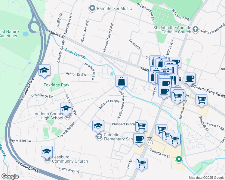 map of restaurants, bars, coffee shops, grocery stores, and more near 201 Valley View Avenue Southwest in Leesburg