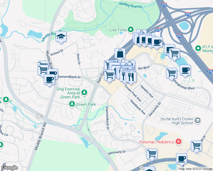 map of restaurants, bars, coffee shops, grocery stores, and more near 510 Diamondback Drive in Gaithersburg