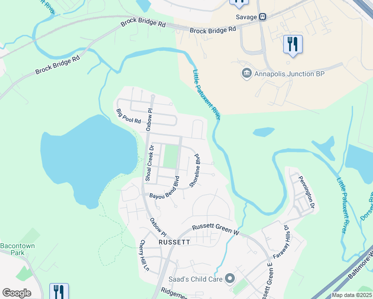 map of restaurants, bars, coffee shops, grocery stores, and more near 3002 Shoreline Boulevard in Laurel
